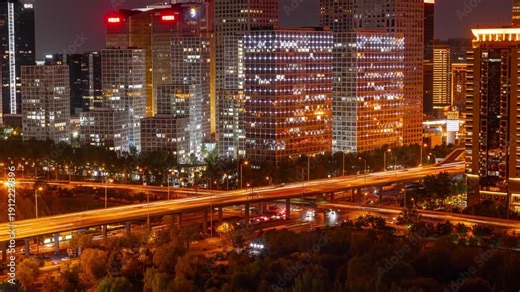 Beijing Third Ring Road Night Traffic Light Trails