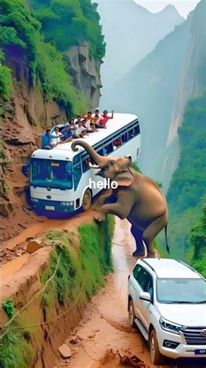 “Elephant Saves ENTIRE BUS from Falling Off Cliff 😱 People Sitting on Roof in Shock!”