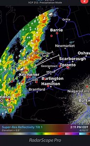 Radar Update. 2:25pm An advancing line of thunderstorms is making its way toward the GTA and is currently affecting many communities throughout Southern Ontario. This line will continue to advance to the east as the afternoon progresses. Strong winds, locally heavy downpours, frequent lightning, small hail are all possible within this complex of thunderstorms. Remember: "When Thunder Roars - Go Indoors!" -OBW (Kevin R.) | Instant Weather Ontario