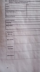 Grade R Lesson template for Language Development:Term: 1Subj... | Filo