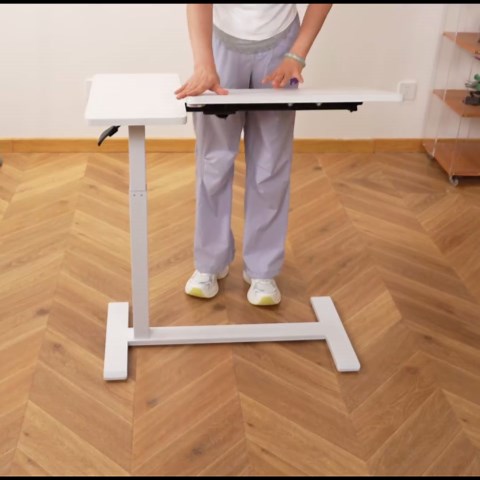 Adjustable Overbed Bedside Table with Wheels Pneumatic Mobile Standing Laptop Desk Rolling Computer Cart Movable Couch Desk Hospital Home Use, Walnut