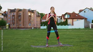 Young female athlete does squats with elastic band on green grass in urban area in fresh air. Fitness trainer performs exercises on buttocks and legs resistance band clamshell leg workout hip