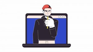 Fraud identity theft on laptop line 2D animation. Fake online personality on computer 4K video motion graphic. Identity infringement notebook linear animated cartoon flat concept, white background