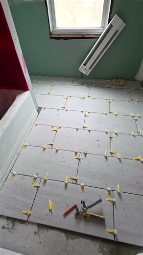 Subway brick pattern bathroom tile install