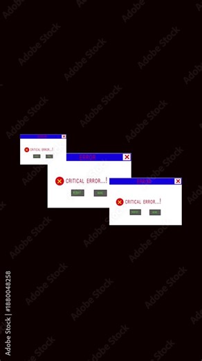 Stacked Computer Error Message Windows with Reboot Option alert notification vertical mobile video. Futuristic stacked computer error notifications with option to reboot system immediately.