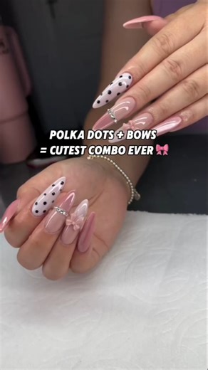 Polka dots nail, pink shades & 3D bows 🎀 #sugarnailspa #pinknails #nailtok