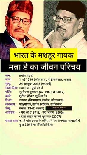 मन्ना डे का जीवन परिचय || Biography of Manna Dey || Manna Dey ka jivan parichaya #gkinhindi #gkquiz
