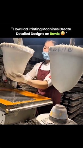 AntiqNova on Instagram: "This machine prints intricate designs on bowls using pad printing. A silicone pad presses onto an ink plate and picks up the design. The pad transfers the design onto the bowl, stretching to fit curves so every detail stays accurate. This process allows factories to produce large batches of bowls with consistent, high-quality patterns. It works on uneven and curved surfaces, making it ideal for mass production of detailed designs."