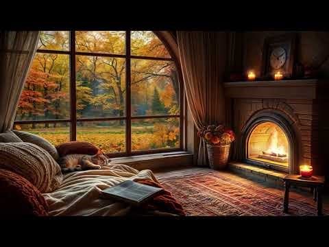 “Autumn Fireplace Ambience — Cozy Cat on the Couch, Rainy Evening Relaxation”
