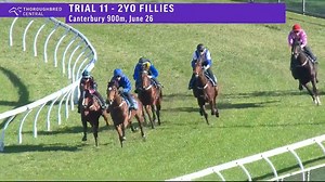 “Exploring under a hold” Godolphin galloper Exploring wins a trial at Canterbury on Monday, beating the fast-finishing Capzinzi and Tilussion. TAB | Racing NSW