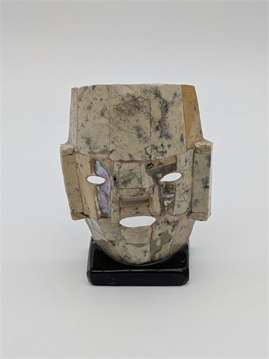 Vintage Mayan Death Mask, Mesoamerican Art, Stone & Abalone Shell Mask, Archaeological Style, Ethnographic Collectible, Shelf Display