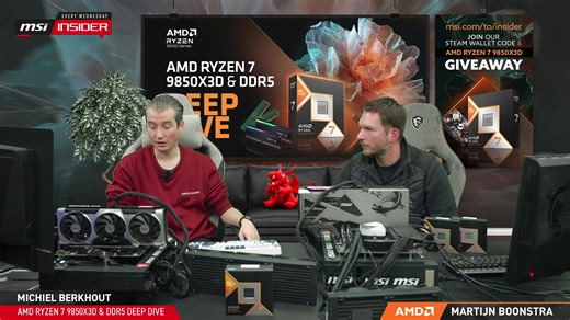 Join us on the MSI Insider livestream where we dive into the brand-new AMD Ryzen 7 9850X3D processor! Martijn from AMD will join us to discuss all the details, performance insights, and what makes this chip stand out. We’ll also take a closer look at DDR5 memory and show how different speeds, timings and memory configurations can affect your system’s performance. Tune in and join the giveaway, for a chance to win a Steam Wallet code! #AMD #9850X3D #ddr5 | MSI Gaming