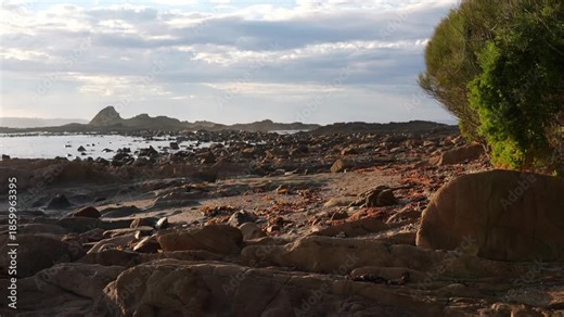 Early morning coastal scene at Mossy Point on the New South Wales South Coast, with warm sunrise light casting across textured rock formations