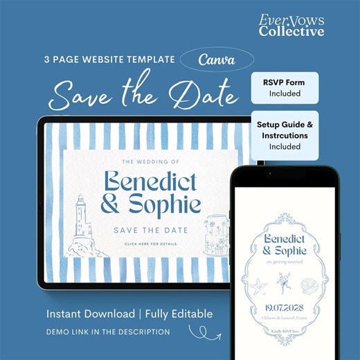 Modèle de toile de site Web bleu poussiéreux de mariage côtier, plage lunatique, réservez des dates - Etsy France