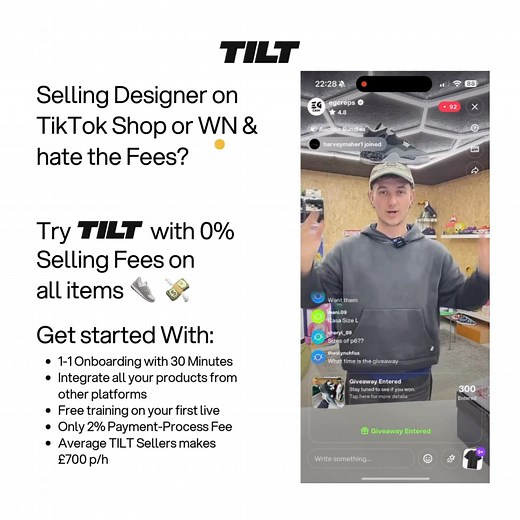 Sick of watching 10–15% vanish in fees every time you sell? 😤💸 The discounts, returns and platform cuts are squeezing your margin to pennies. On TILT, seller fees are 0%—keep your profit, not your platform’s. 👟📦 We’ll import your products in minutes, give you 30-min 1:1 onboarding, and coach your first live for free. ⚡️ Ready to stop bleeding cash and start keeping the cut? | Tilt App