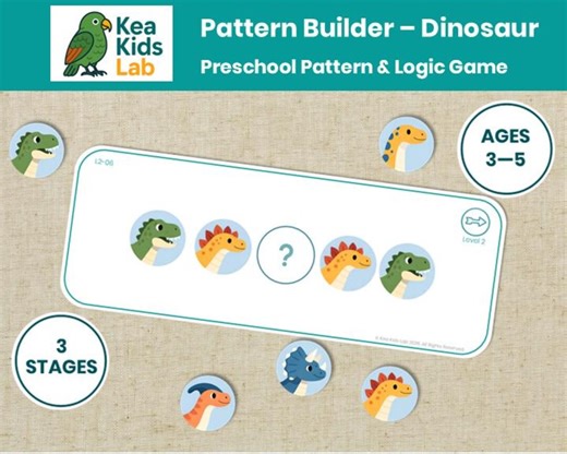 Printable Dinosaur Pattern Game for Preschool Ages 3–5 | Pattern Builder Logic Activity - Dinosaur Edition - Etsy