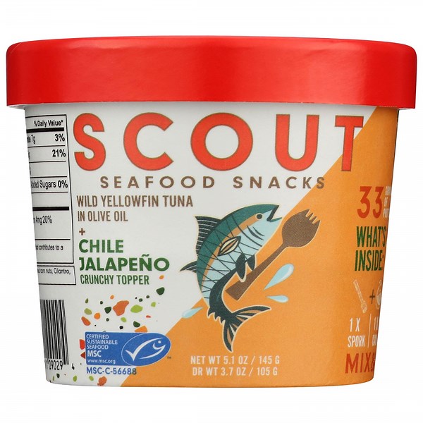 Scout Tuna Snack Kit, Chili Jalapeño, Wild Yellowfin Tuna Crunchy Mix-in for 33g of Protein on the Go with Spork, 5.1oz Cup