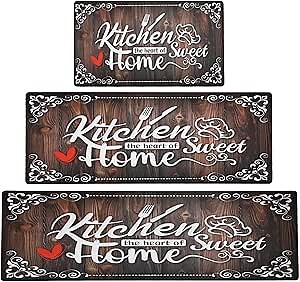 Brown Kitchen Mats for Floor 3 Pieces Set, Non Slip Cushioned Runners Waterproof Comfort Kitchen Rugs and Mats Farmhouse Chef Mat Carpet for Sink,Laundry Room