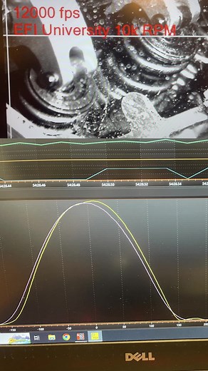 This is what out of control valvetrain looks like! Notice how hard it hits the seat and bounces off? That’s from the loft over the nose becoming so severe that it’s missing the closing ramp! Check out the graph, the purple line is the shape cam lobe and the yellow is what’s actually happening. 😬#efiuniversity #engine #cam #valvetrain #cammed #ls #lsx #lsswap #enginebuilder #camswap #spintron #enginedevelopment #slowmotion #slowmo #valvespring #rockerarm #motorsports #automotive #horsepower #val