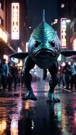 Evolved Fish Walking in a Modern City at Night 😳🐟