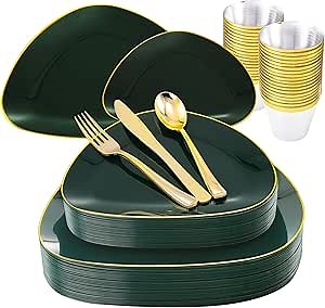 DaYammi 180Pcs Green Plastic Plates, Green Gold Disposable Plates with Gold Silverware Dinnerware Set Include: 30 Dinner Plate,30 Dessert Plate,90 Plastic Cutlery,30 Cups for St. Patrick's Day Party