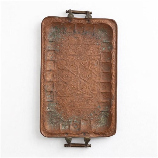 Rare Find Antique Collectible Copper Serving Vintage Tray, Hand-etched Geometric Patterns, Brass Handles, Verdigris Patina - Etsy