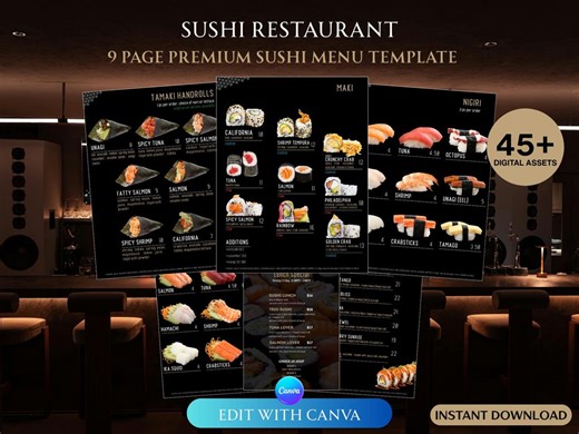 Sushi Restaurant Menu Template Canva, 9 Page Editable Menu, 45+ Digital Assets, Japanese Menu Printable, Modern Sushi Bar Menu - Etsy