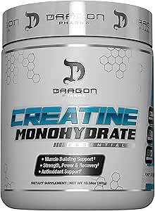 DRAGON PHARMA Creatine Monohydrate, Aid Muscle Recovery, Post-Workout Supplement, Antioxidant Support (60 Servings, Unflavored)