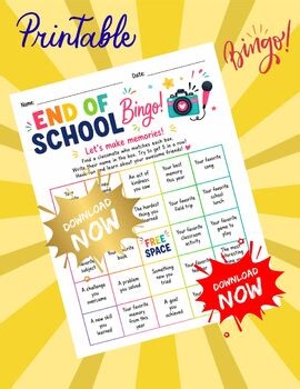 End of School Bingo Printable Last Day of School Activity Classroom Game PDF
