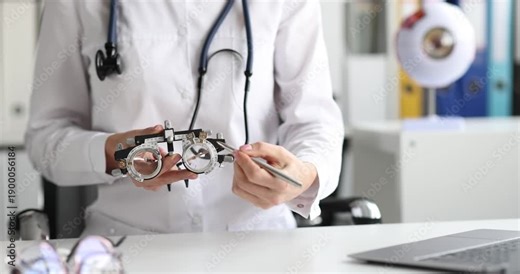Ophthalmologist holds trial frame adjusting lenses for vision test. Woman explains glasses importance showing trial frame elements at appointment