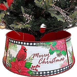 Metal Christmas Tree Collar, Cardinal Red Bird Tree Ring Holiday Decor 30 Inch Diameter for Large Xmas Tree 7-9 Ft, Buffalo Plaid Artificial Tree Skirt Home Indoor Outdoor Farmhouse Decoration