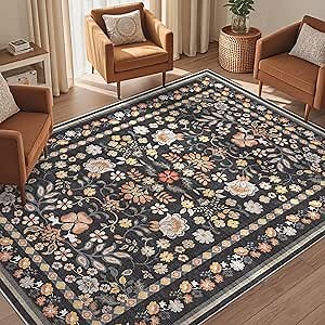 5x7 Area Rug Living Room Rugs - Washable Boho Vintage Floral Large Soft Non Slip Thin Rug Low Pile Carpet for Bedroom Dining Room Kids Playroom Office Decor Indoor- Black Grey