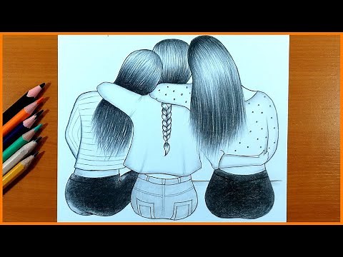 Best friends 💕 How To Draw 3 Friends Hugging Each other || Pencil Sketch Tutorial