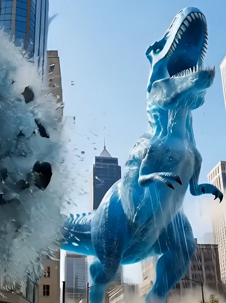 T-Rex made of ice running through a crowded city...