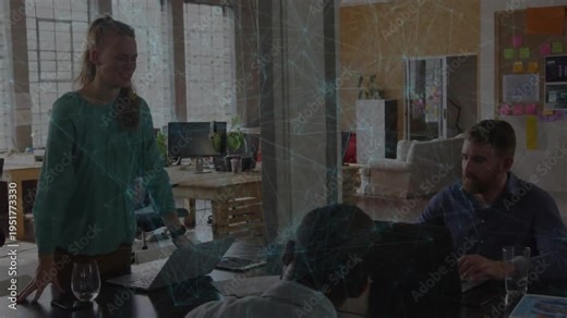 Woman standing up using laptop, gesturing, presenting business plan as animated notes marking tasks