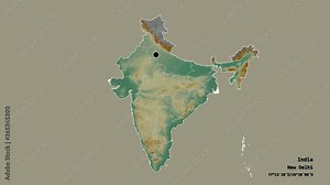 Tripura, state of India, with its capital, localized, outlined and zoomed with informative overlays on a relief map in the Stereographic projection. Animation 3D