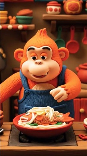 Fat orange Monkey makes steamed fish and noodles #DreamScreenAI #comedy #funny #chikafu