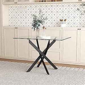 GOLDFAN 48 Inch Tempered Glass Dining Table for 4 Modern Rectangular Kitchen Table with Black Metal Legs for Dining Room Small Place