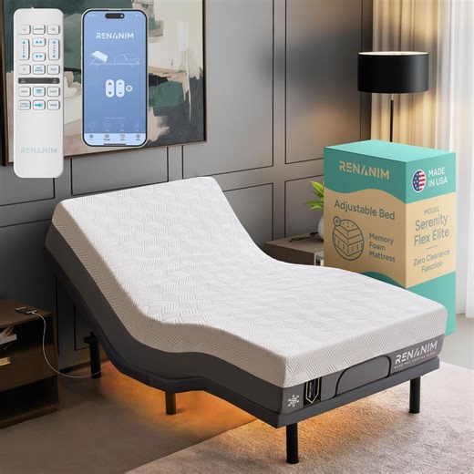 Check The Home Depot's Q&A Before Buying: Renanim Gray SFE Twin XL Adjustable Bed Frame Plus Medium-Firm Cooling Gel Memory Foam Mattress-USB Under Bed Light Remote APP