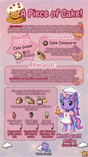 TibiaGoals.com on Instagram: "🍰 A Piece Of Cake! 🍰 📅 From Feb 21st to 26th 📢 Seeking Tibia’s strongest bite! 🦷 The world needs heroes... to devour a giant cake! 🎂 The mission is clear: 200 Cake Golems must fall and the machines must be activated. 🧁 Reward: Cupcakes, XP, and baking glory. Bring your chars and get ready to party! 🍰🎉 #tibiawolrd #tibiagame #tibiammorpg #tibiaevents"