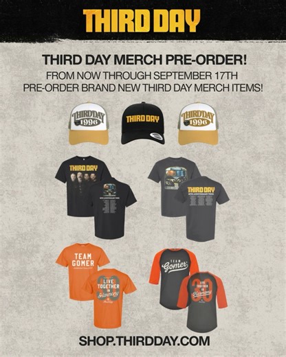 We can’t wait to hit the road for our 30th Anniversary Tour in 2026! While we’re counting down the days, we’ve got something special for you… brand new merch is now available for pre-order in our store! Check out the new styles and get your tickets now. #TD30 https://shop.thirdday.com/ | Third Day