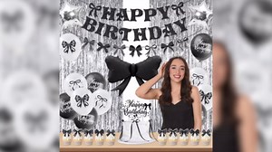 Holkcog Black Bow Birthday Party Decoration for Girls, Bow Happy Birthday Decor, Girl Black White Ballons, Cake & Cupcake Toppers, Rain curtain，Banner, Supplies for Bow Party Decorations