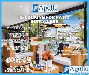 3 comments | *JOB VACANCIES!* Apollo Patios is looking for Patio Installers! If this is something you think you'd be interested in applying for, please send your CV and resume to: paul.taylor@qld.apollopatio.com.au. | Apollo Patios | Facebook
