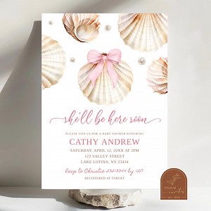 She'll Be Here Soon Sea Shell Baby Shower Invitation, Pink Bow and Pearl Baby Shower Invite, A Little She-shell Baby Shower Invitation C117 - Etsy