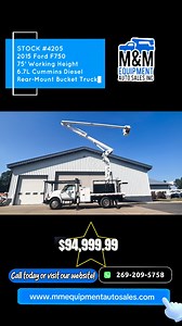 🛠 2015 Ford F-750 Flatbed Bucket Truck 🔧 Altec LR760-E70 Over-Center Elevator Boom 🪜 75’ Working Height | Single-Man Bucket | 2 Hydraulic Outriggers 🦾 Rear-Mounted Boom 💪 Cummins 6.7L Diesel Engine | 47,580 Miles ⚙️ Automatic Transmission | 4x2 💰 $94,999.99 📦 Stock #4205 📍 Battle Creek, MI 49014 📞 Call 269-841-3903 or 269-317-1997 💸 Financing Available 🌐 mmequipmentautosales.com 📲 Follow us on Facebook ✅ Join our rapidly growing repeat customer list — Let us earn your business! Bette