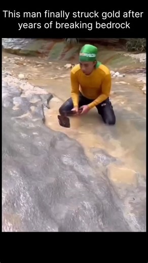 Rwefacts? on Instagram: "This man finally struck gold after years of breaking bedrock fragments by hand the hardest and most time-consuming stage of gold prospecting. Gold often hides deep in cracks within solid bedrock, where flowing water can't wash it away. Reaching it means endless drilling, cracking, and crushing rock, often with no guarantee of success. When the gold finally appears, it's proof of patience, geological understanding, and persistence paying off after years of unseen effort b