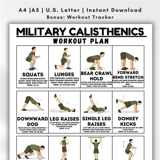 Military Calisthenics Workout Plan, Bodyweight Exercises Chart, Home Workout Poster, No Equipment Fitness, Workout Tracker Printable - Etsy