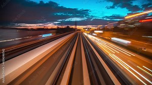 High speed train point of view motion time lapse during twilight and night time without being stopped.