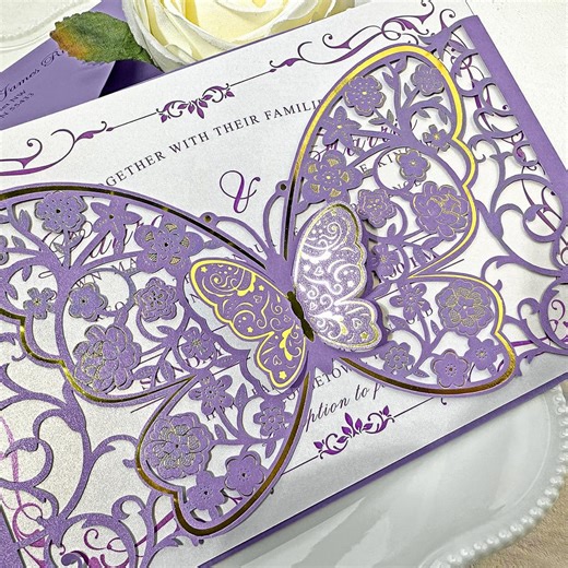 100pcs Silver and Lilac 3D Butterfly Wedding Invitations With RSVP Cards: Floral Pocket Invites - Etsy