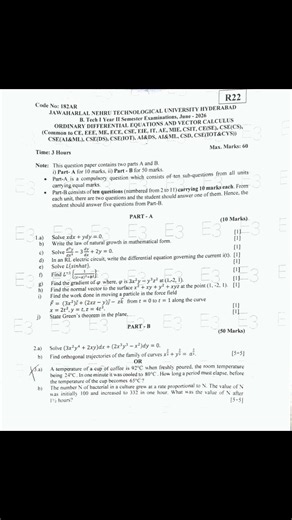 📘 JNTUH R22 OD & VC Question Paper June 2026 | Ordinary Differential Equations and Vector Calculus